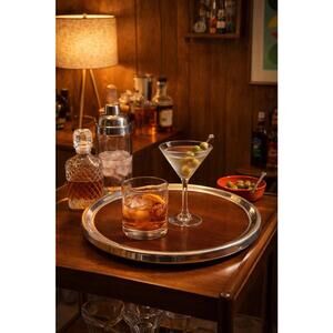 F.B. Rogers Silver Co 1960s Formica & Silverplate Brown Round Serving Tray, 14”